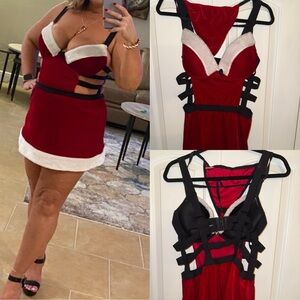 Red and Black Strappy Santa Teddy/Dress with White fur Trim